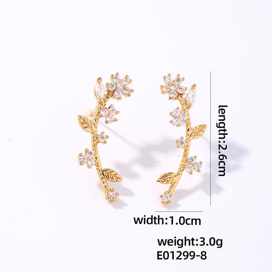 1 Pair Ig Style Simple Style Shiny Leaves Plating Inlay Copper Zircon Gold Plated Ear Studs