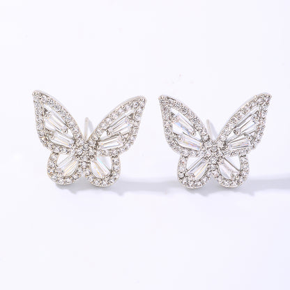 Elegant Shiny Butterfly Copper Plating Inlay Zircon White Gold Plated Earrings Necklace