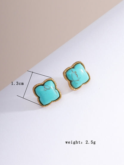 Wholesale Jewelry Ig Style Cute Simple Style Four Leaf Clover Flower Alloy Turquoise Agate 18k Gold Plated Plating Inlay Ear Studs