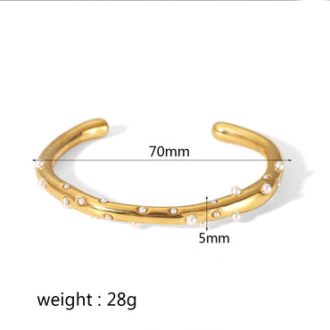 Wholesale Simple Style Solid Color Stainless Steel Polishing Plating Inlay 18k Gold Plated Pearl Zircon Bangle