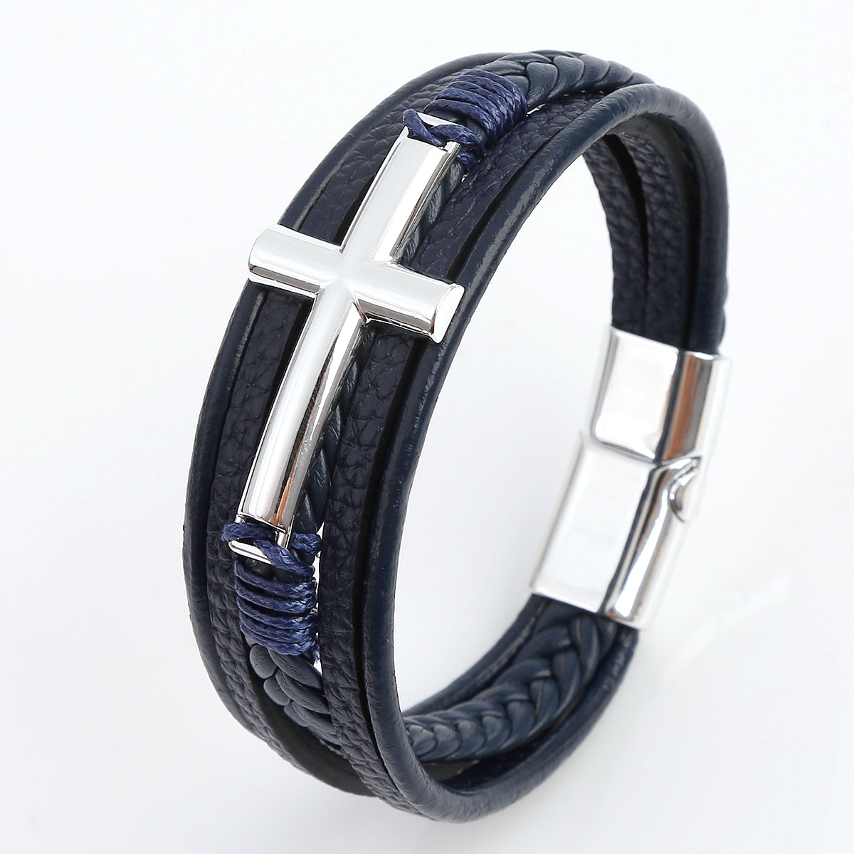 Casual Streetwear Cross Stainless Steel Pu Leather Bangle