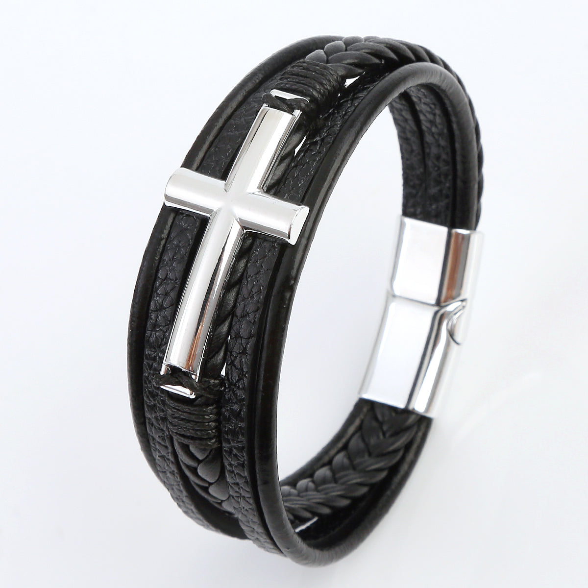 Casual Streetwear Cross Stainless Steel Pu Leather Bangle