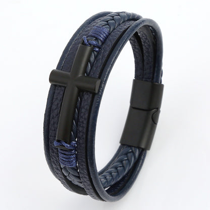 Casual Streetwear Cross Stainless Steel Pu Leather Bangle