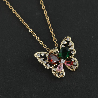 Lady Classic Style Butterfly Stainless Steel Inlay Zircon Pendant Necklace