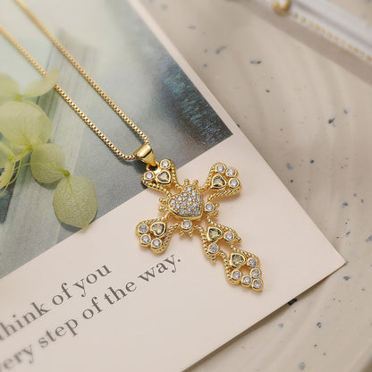 Simple Style Commute Cross Copper Plating Inlay Zircon 18k Gold Plated Pendant Necklace