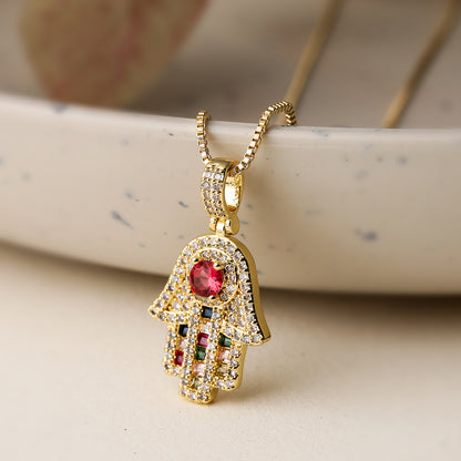 Simple Style Commute Palm Copper Plating Inlay Zircon 18k Gold Plated Pendant Necklace