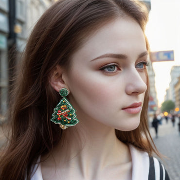 1 Pair Sweet Artistic Christmas Tree Asymmetrical Beaded Handmade Cloth Glass Drop Earrings