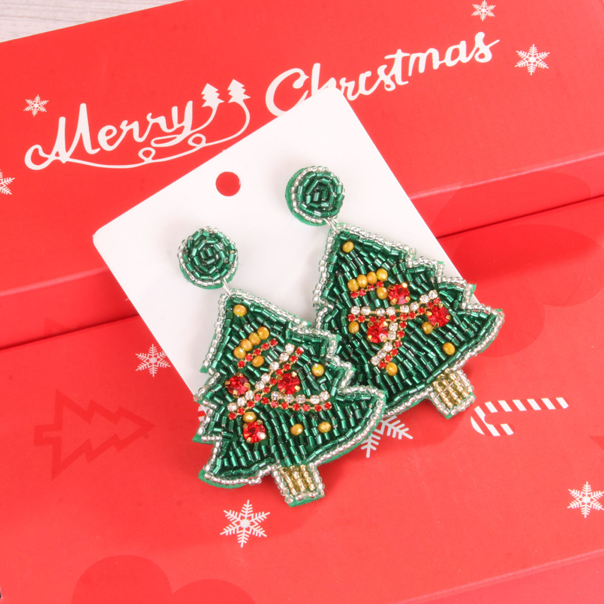 1 Pair Sweet Artistic Christmas Tree Asymmetrical Beaded Handmade Cloth Glass Drop Earrings