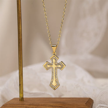 Simple Style Cross Copper Plating Inlay Zircon Gold Plated Pendant Necklace