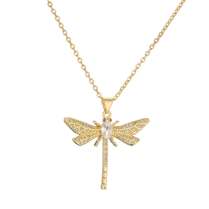 Simple Style Dragonfly Copper Plating Inlay Zircon Gold Plated Pendant Necklace