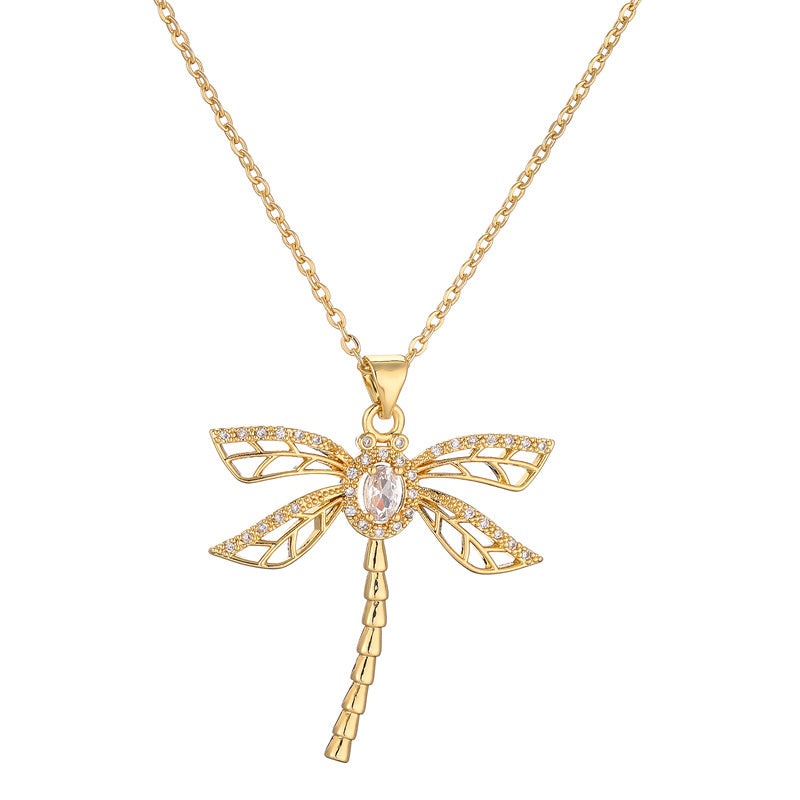 Simple Style Dragonfly Copper Plating Inlay Zircon Gold Plated Pendant Necklace