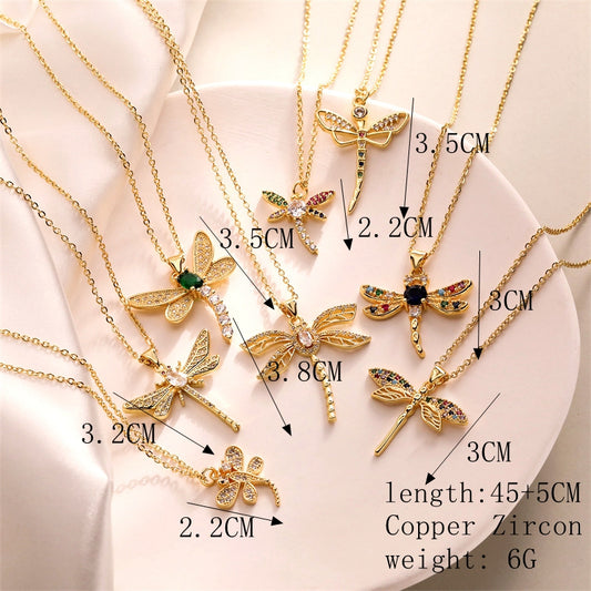 Simple Style Dragonfly Copper Plating Inlay Zircon Gold Plated Pendant Necklace