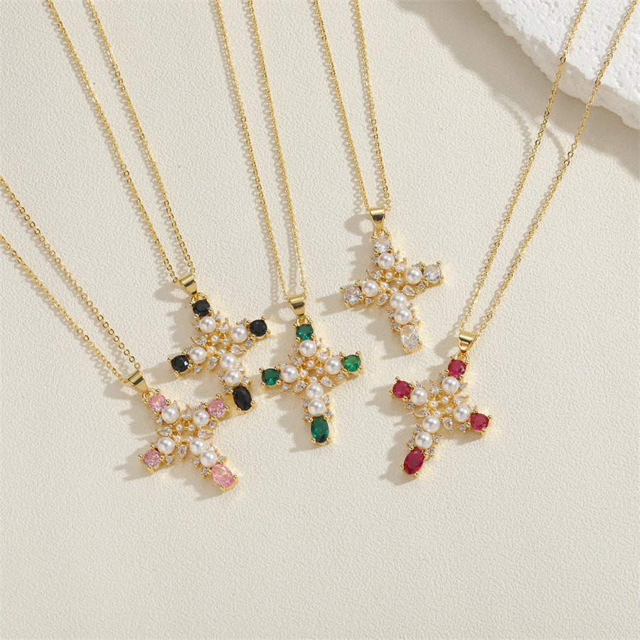 Sweet Cross Copper Plating Inlay Zircon 14k Gold Plated Pendant Necklace