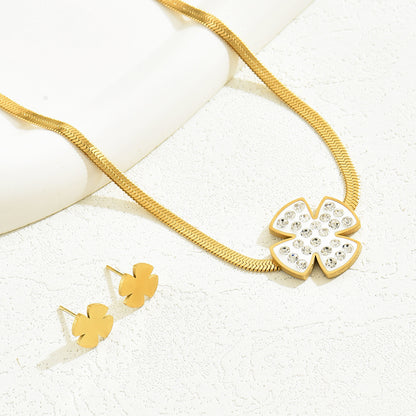 Wholesale Casual Classic Style Commute Four Leaf Clover Palm Stainless Steel Plating Inlay 18k Gold Plated Rhinestones Earrings Necklace