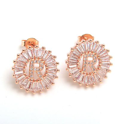 Small 26 Letter Sweet Female Zircon Electroplated Copper Earrings