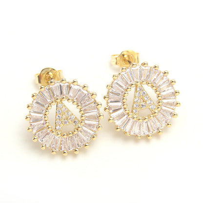 Small 26 Letter Sweet Female Zircon Electroplated Copper Earrings