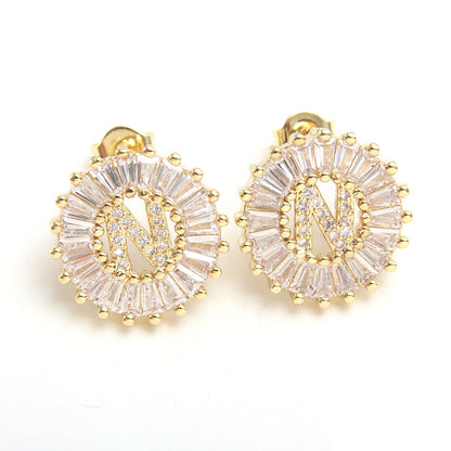 Small 26 Letter Sweet Female Zircon Electroplated Copper Earrings