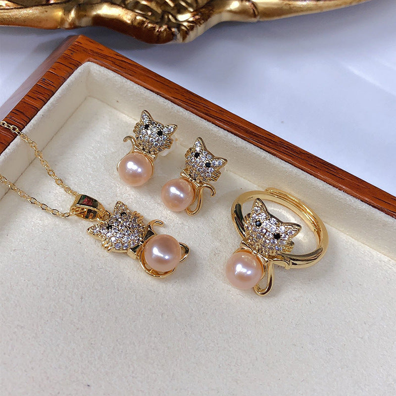 Simple Style Cat Copper Inlay Zircon Jewelry Set