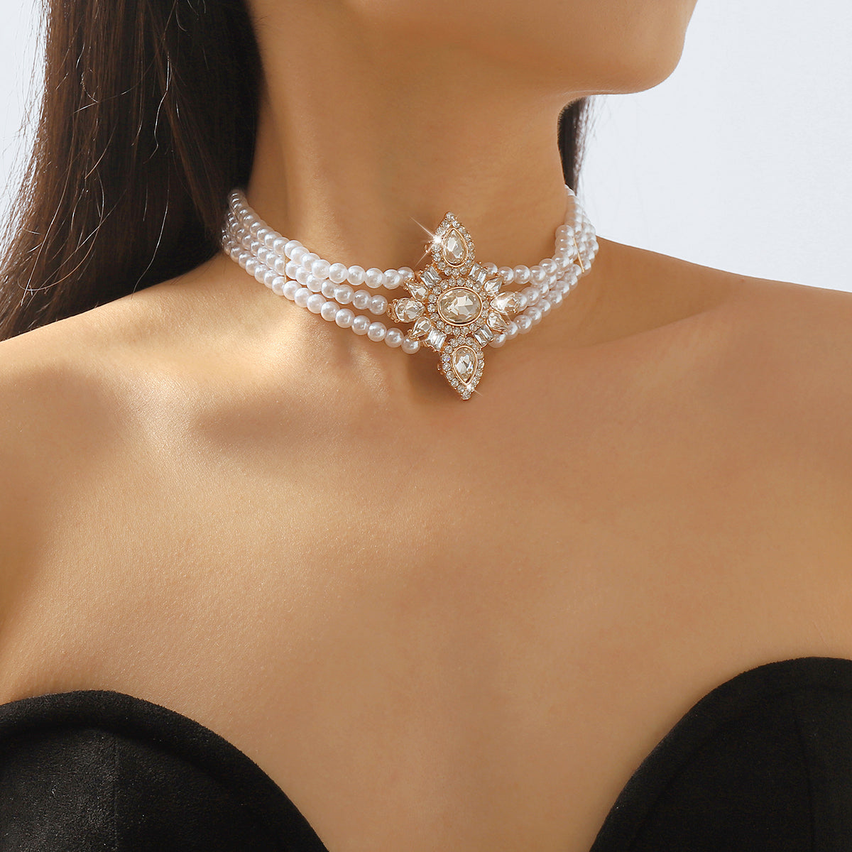 Elegant Luxurious French Style Geometric Imitation Pearl Alloy Inlay Zircon Women's Choker