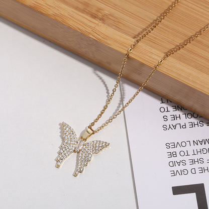 Elegant Glam Lady Butterfly Stainless Steel Plating Inlay Zircon 18k Gold Plated Pendant Necklace