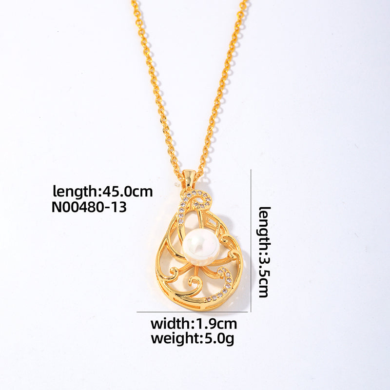 Ig Style Elegant Original Design Water Droplets Copper Plating Inlay Pearl Zircon White Gold Plated Gold Plated Pendant Necklace