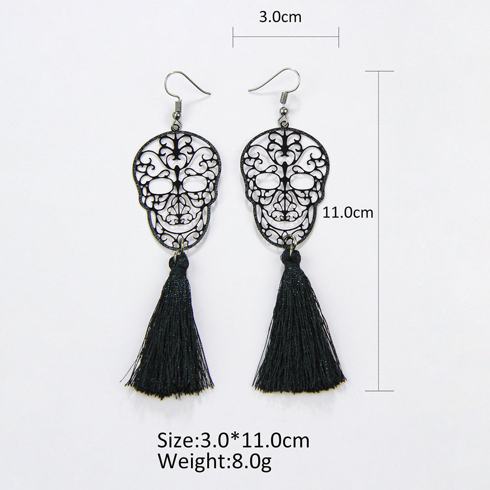 1 Pair Ethnic Style Tassel Skull Hollow Out Copper Drop Earrings