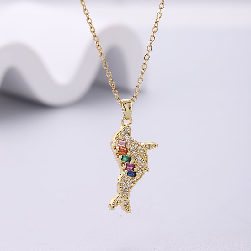 Wholesale Simple Style Dolphin Stainless Steel Plating Inlay 18k Gold Plated Zircon Pendant Necklace