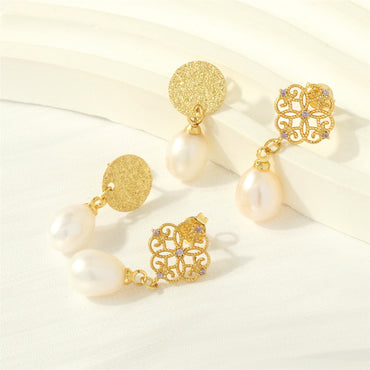 1 Pair Ig Style Vintage Style Irregular Four Leaf Clover Plating Inlay Copper Pearl Zircon 18k Gold Plated Drop Earrings