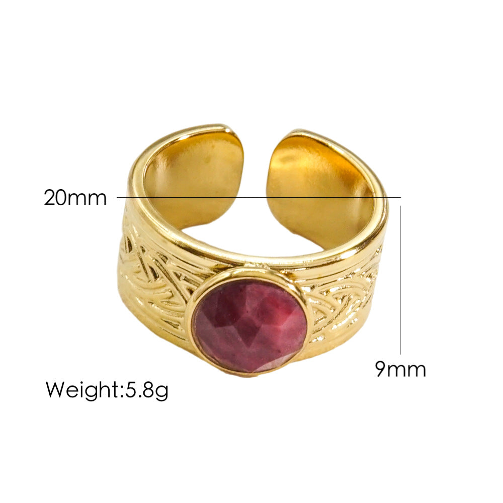 Ig Style Round Stainless Steel Plating Inlay Natural Stone Gem Open Rings