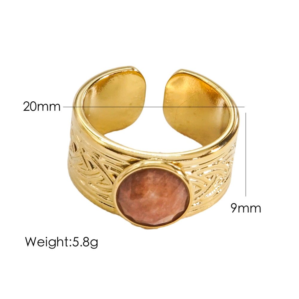 Ig Style Round Stainless Steel Plating Inlay Natural Stone Gem Open Rings