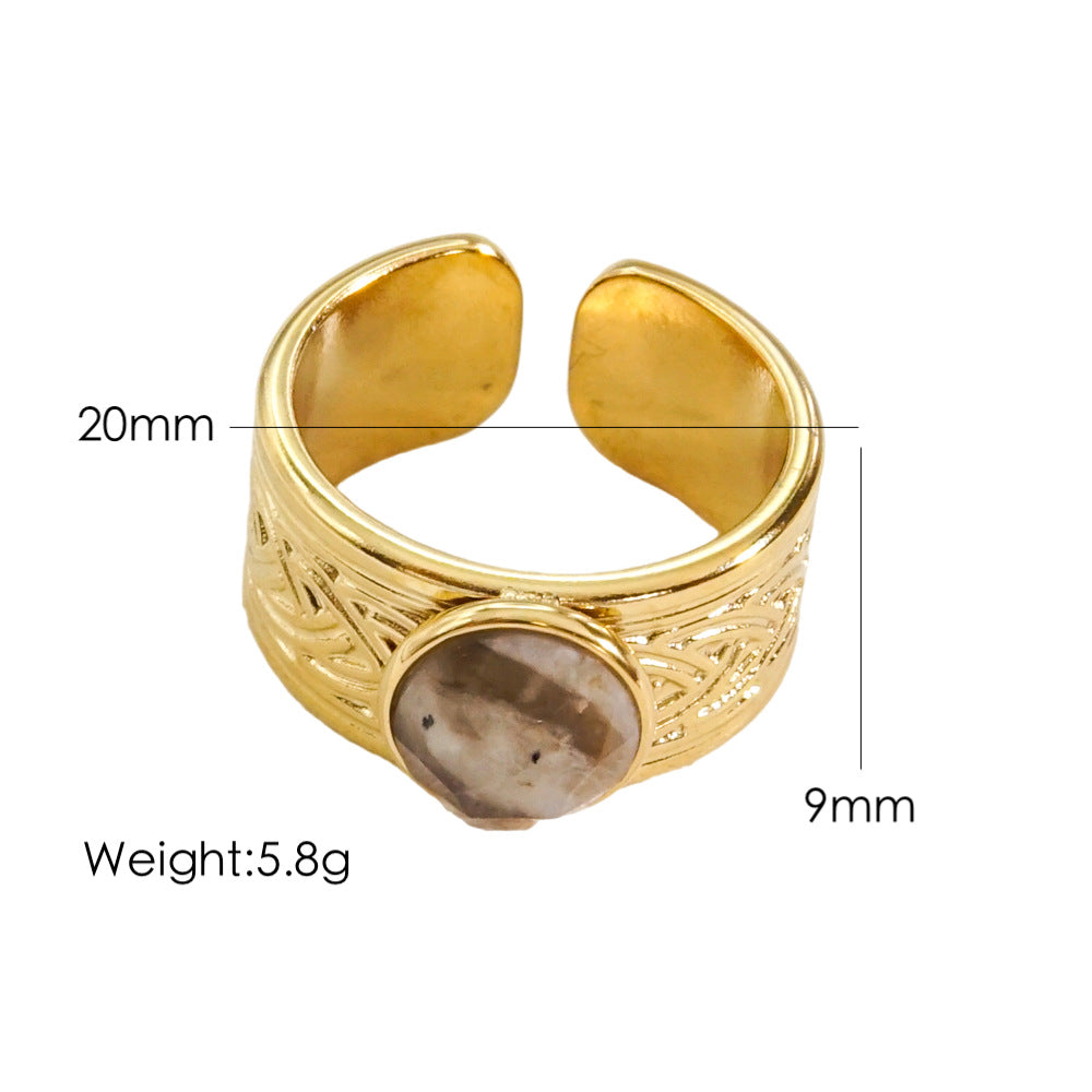 Ig Style Round Stainless Steel Plating Inlay Natural Stone Gem Open Rings