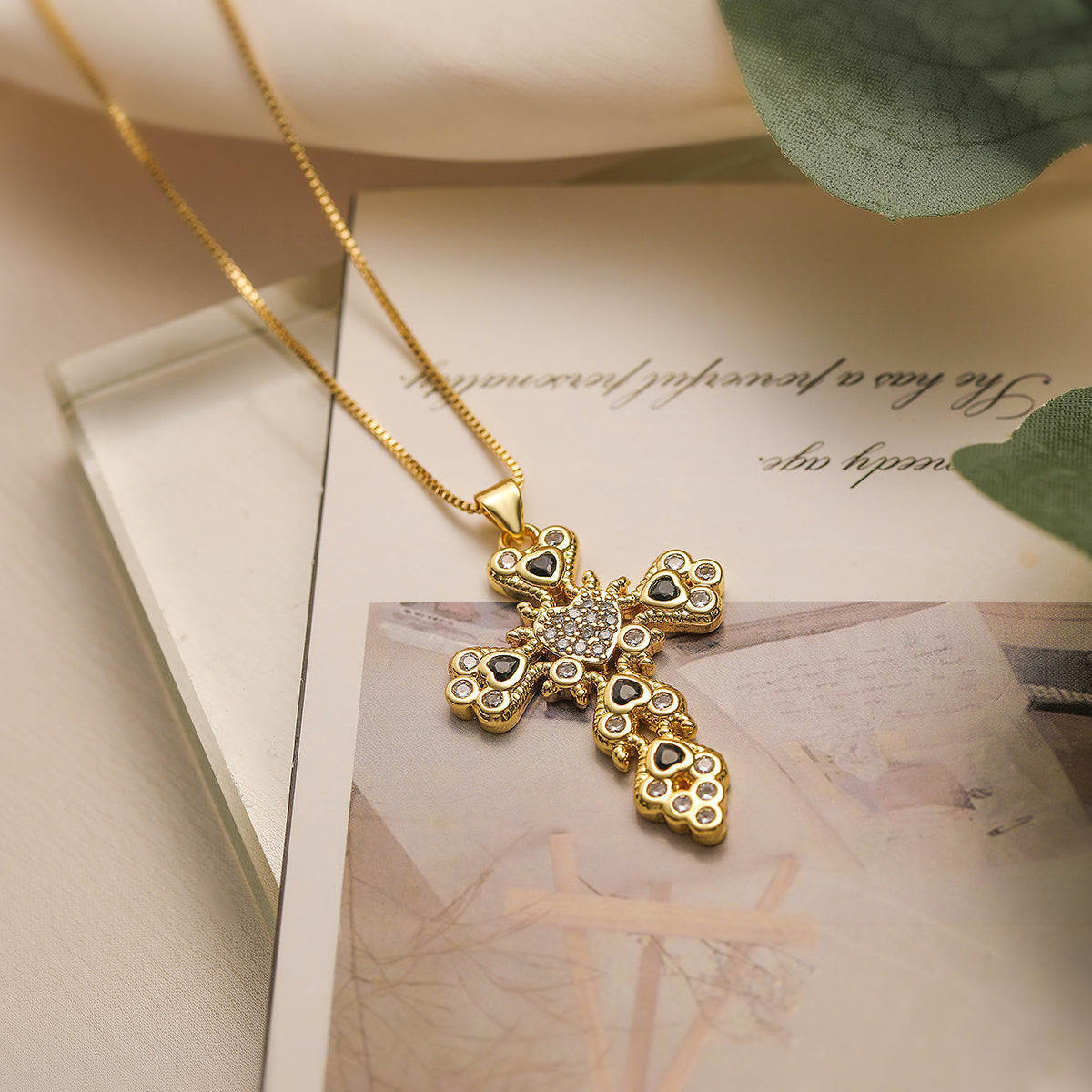 Retro Simple Style Commute Cross Copper Plating Inlay Zircon 18k Gold Plated Pendant Necklace