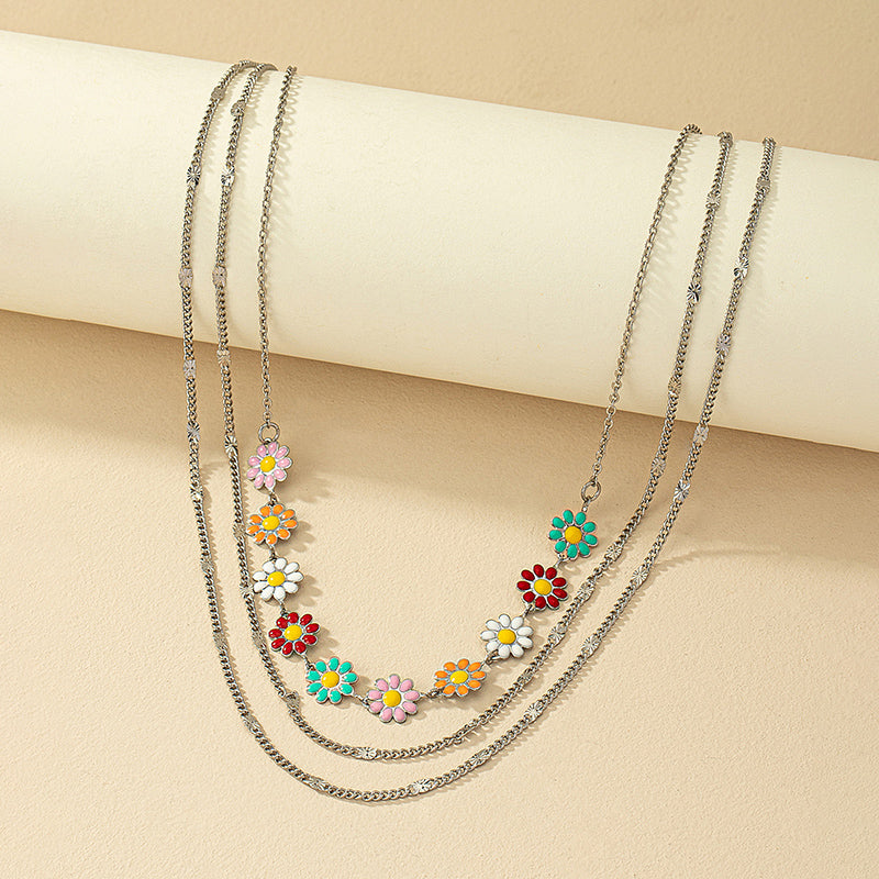 Elegant Flower Daisy Alloy Enamel Silver Plated Women's Three Layer Necklace