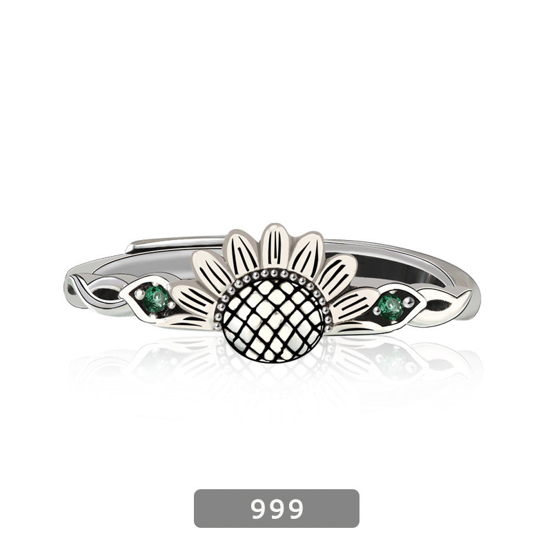 Retro Sunflower Waves Sterling Silver Enamel Inlay Artificial Gemstones Rings