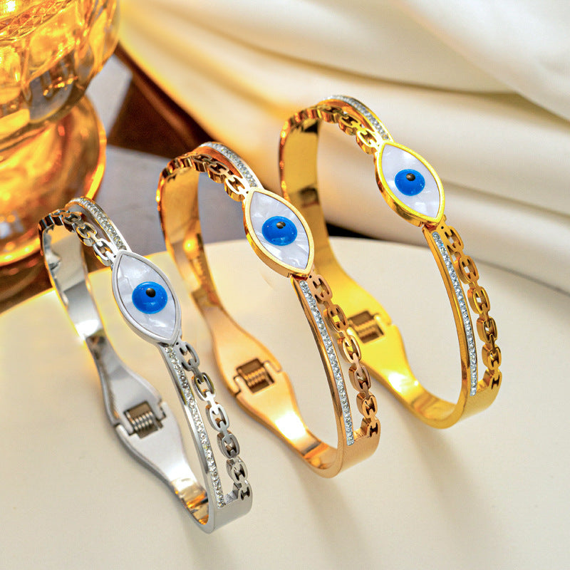 Ig Style Devil's Eye Stainless Steel Enamel Plating Inlay Shell Zircon 18k Gold Plated Bangle