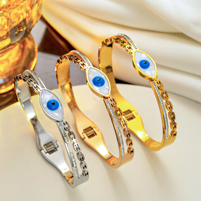 Ig Style Devil's Eye Stainless Steel Enamel Plating Inlay Shell Zircon 18k Gold Plated Bangle