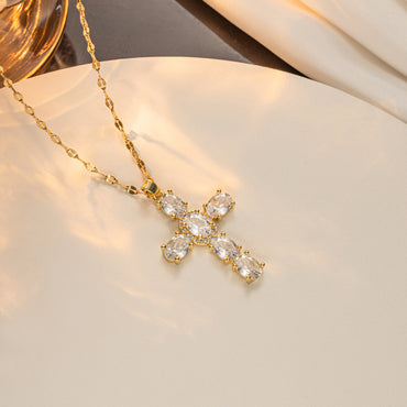 Ig Style Simple Style Cross Titanium Steel Copper Zircon Pendant Necklace In Bulk