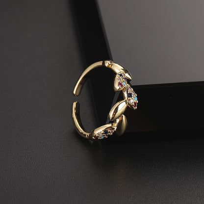 Simple Style Leaves Copper Gold Plated Zircon Open Rings In Bulk