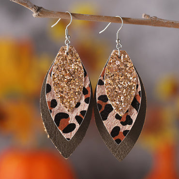 1 Pair Casual Retro Leopard Sequins Layered Pu Leather Drop Earrings