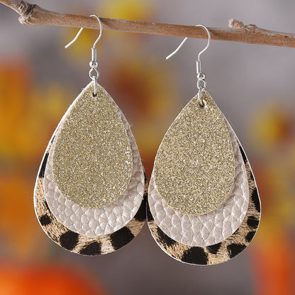 1 Pair Retro Water Droplets Leopard Sequins Layered Pu Leather Drop Earrings