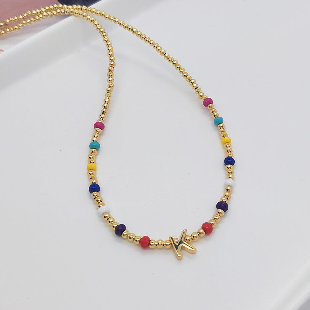 Ig Style Simple Style Letter Glass Copper Beaded Knitting Plating 18k Gold Plated Necklace