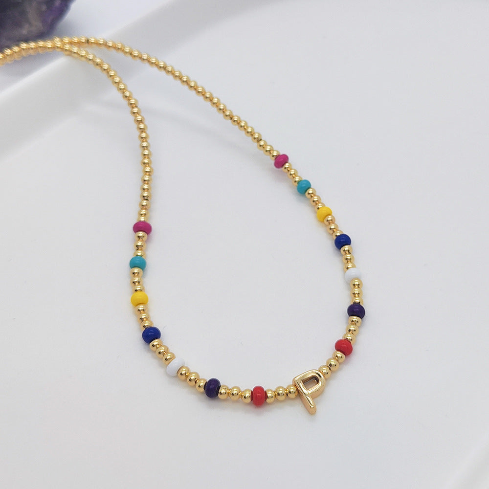 Ig Style Simple Style Letter Glass Copper Beaded Knitting Plating 18k Gold Plated Necklace