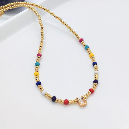 Ig Style Simple Style Letter Glass Copper Beaded Knitting Plating 18k Gold Plated Necklace