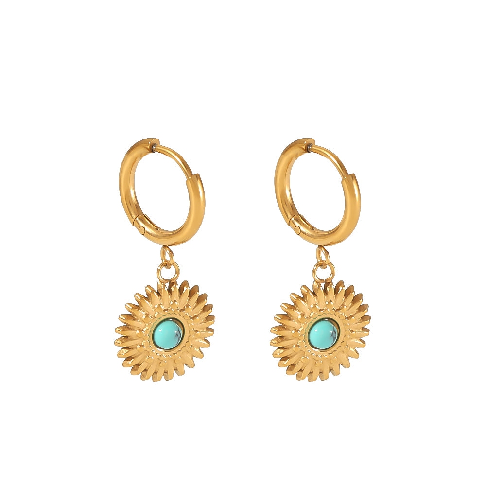 1 Pair Simple Style Sunflower Round Polishing Plating Inlay Stainless Steel Artificial Gemstones 18k Gold Plated Drop Earrings