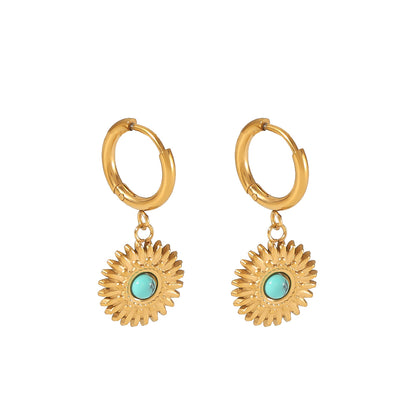 1 Pair Simple Style Sunflower Round Polishing Plating Inlay Stainless Steel Artificial Gemstones 18k Gold Plated Drop Earrings