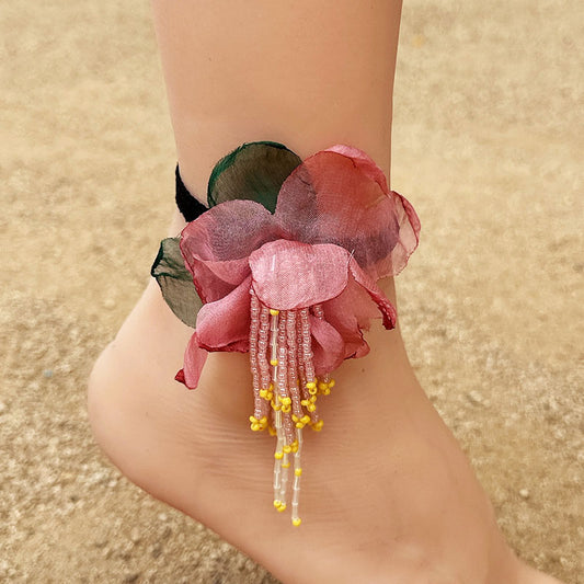Vacation Bohemian Beach Flower Artificial Crystal Cloth Beaded Tassel Net Yarn Women's Anklet