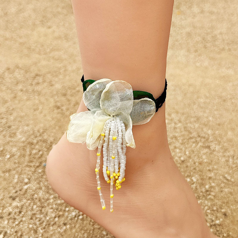 Vacation Bohemian Beach Flower Artificial Crystal Cloth Beaded Tassel Net Yarn Women's Anklet