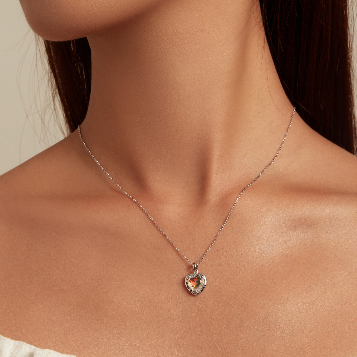 Casual Love Heart Shape Sterling Silver Plating Inlay Glass Stone Zircon White Gold Plated Necklace