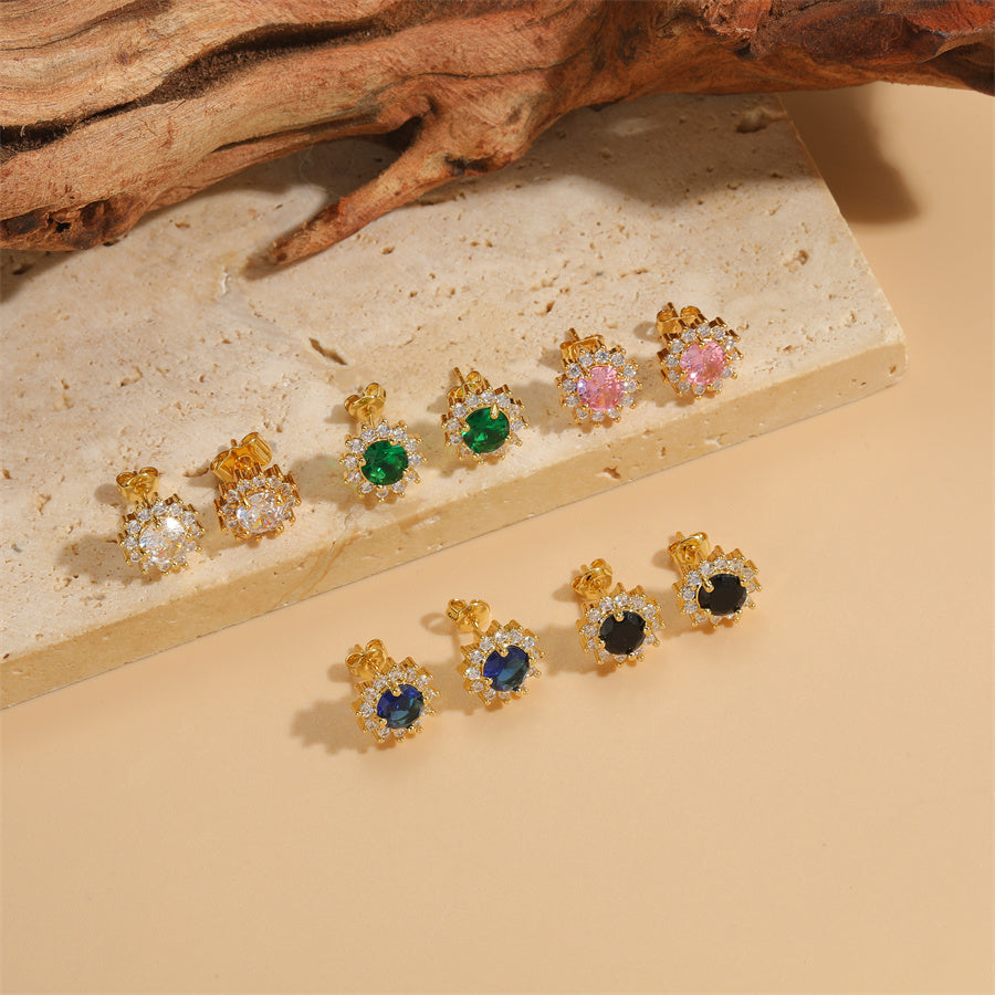 1 Pair Cute Simple Style Commute Round Flowers Copper Zircon 14k Gold Plated Ear Studs