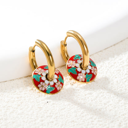 2 Pieces Vintage Style Ethnic Style Artistic Flower Enamel Plating Stainless Steel 18k Gold Plated White Gold Plated Drop Earrings